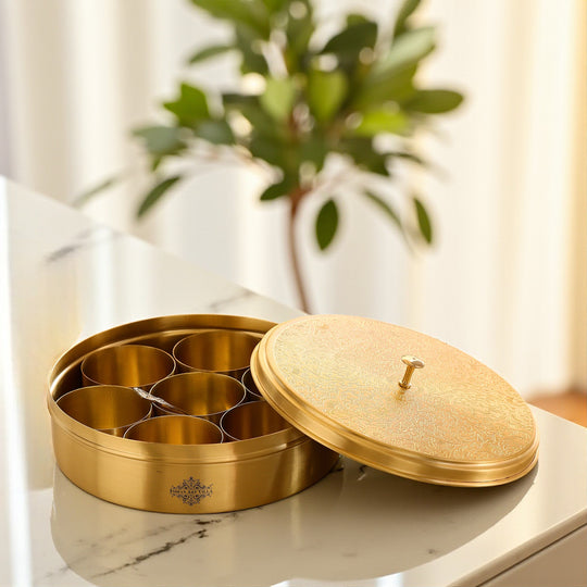 Pure brass masala box (peetal masala dabba) with engraved lid and 7 containers for traditional Bhartiya rasoi spice storage