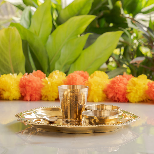 Pure Brass with Beautiful Embossed Design, 5 Piece Bhog Thali