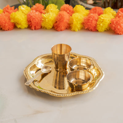 Pure Brass with Beautiful Embossed Design 5 Piece Bhog Thali