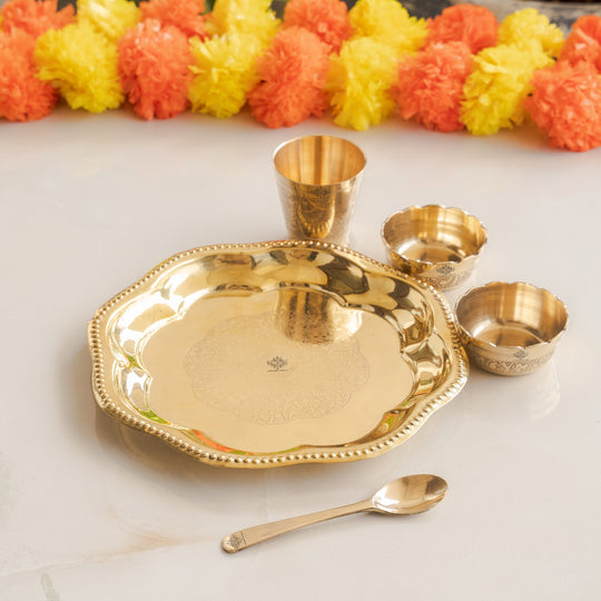 Pure Brass with Beautiful Embossed Design, 5 Piece Bhog Thali