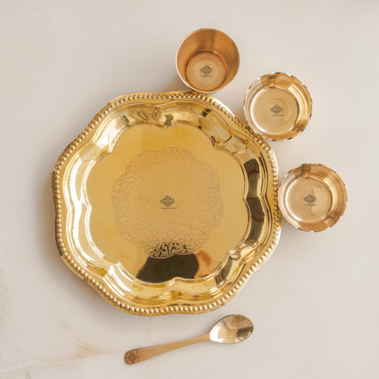 Pure Brass with Beautiful Embossed Design, 5 Piece Bhog Thali
