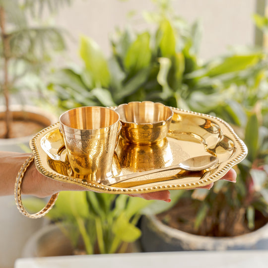 Pure Brass with Beautiful Embossed Design, 5 Piece Bhog Thali