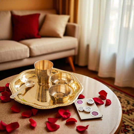 Pure Brass with Beautiful Embossed Design, 5 Piece Bhog Thali