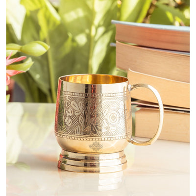 Pure Brass Embossed Cup with Handle – 200 ML