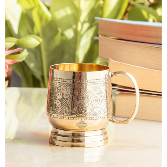 Pure Brass Embossed Cup with Handle – 200 ML