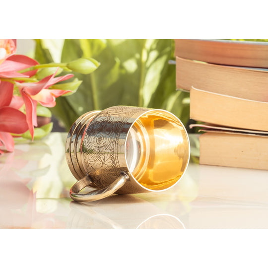 Pure Brass Embossed Cup with Handle – 200 ML