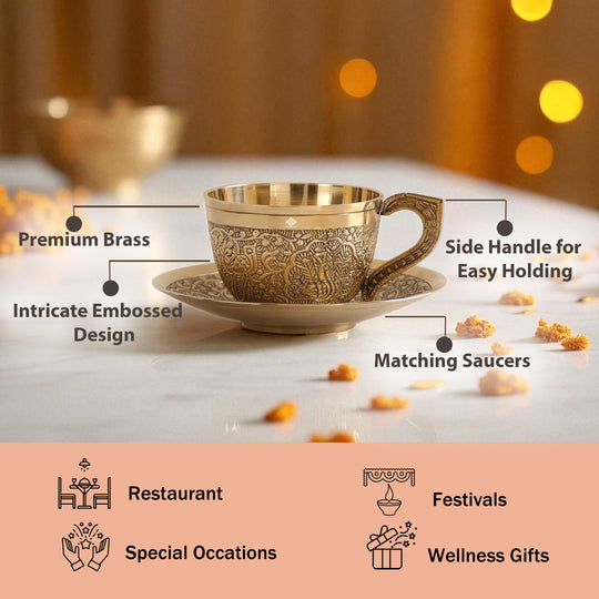 Pure Brass Embossed Design Cup &amp; Saucer- 150 ML