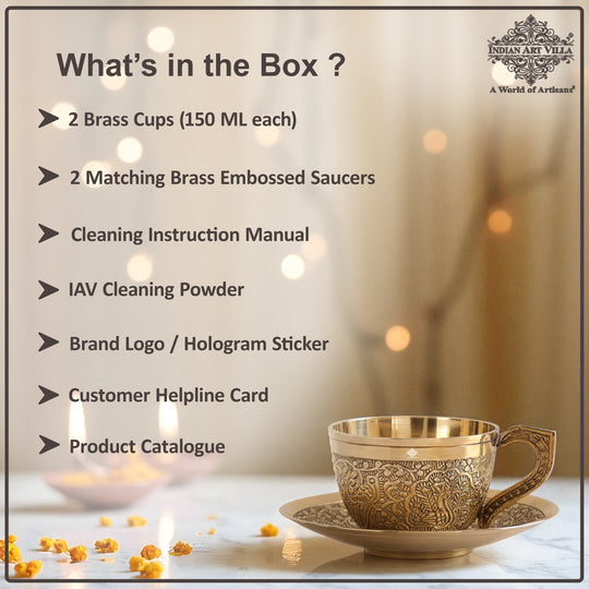 Pure Brass Embossed Design Cup &amp; Saucer- 150 ML