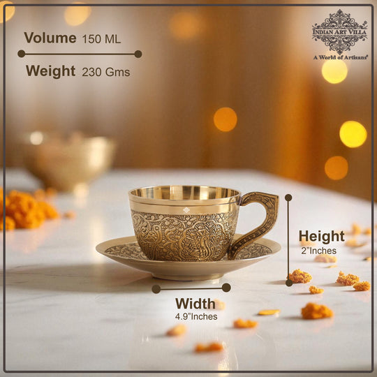 Pure Brass Embossed Design Cup &amp; Saucer- 150 ML