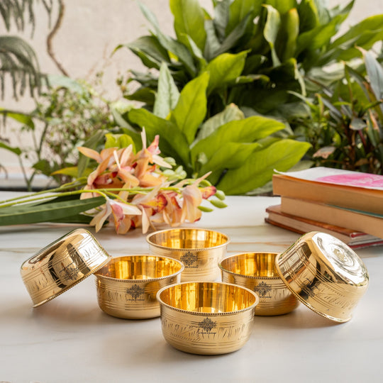 Pure Brass Bowl with Etching & Beeding – Elegant Dining Bowl Set