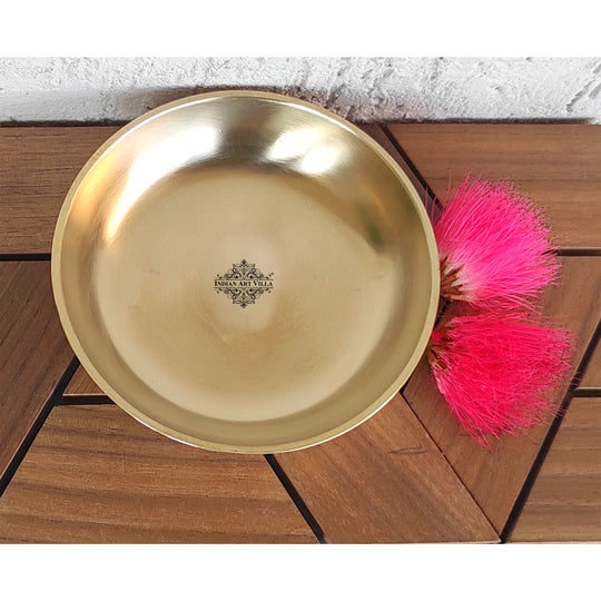 Indian Art Villa round brass thali crafted with matte texture and minimalistic design in polished antique gold shade