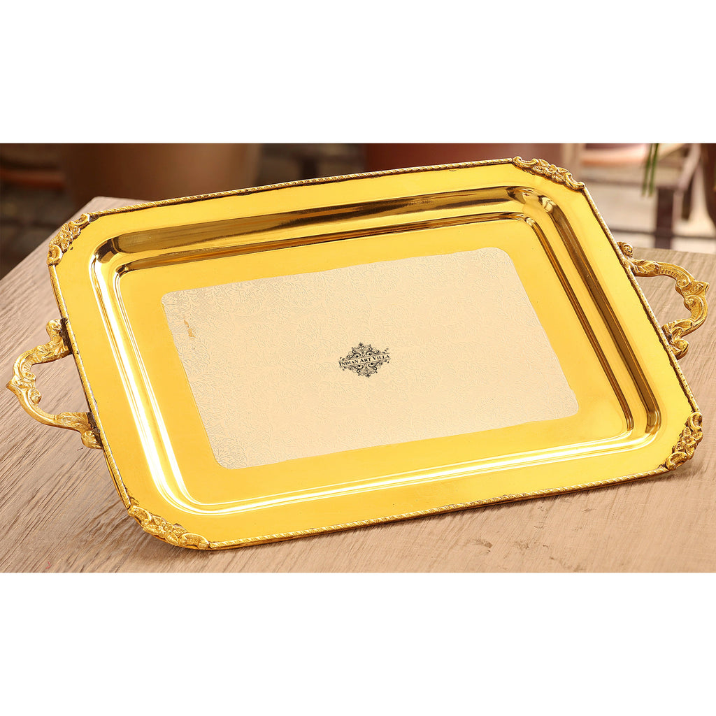 Indian Art Villa  Pure Brass Gold & Silver Shine Finish Embossed Tray, Width-11"
