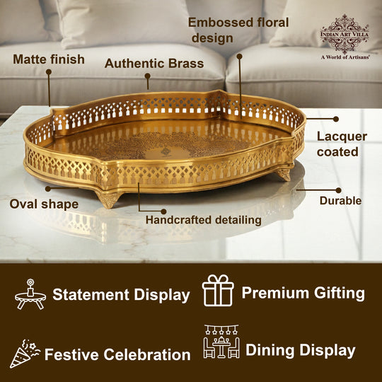Handmade Pure Brass Matt Oval Embossed Tray - Servware & Tableware
