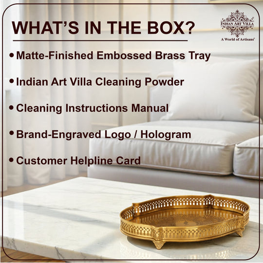 Handmade Pure Brass Matt Oval Embossed Tray - Servware & Tableware