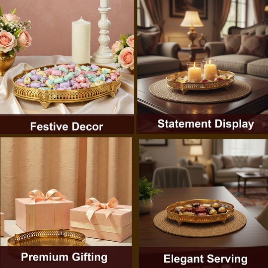 Handmade Pure Brass Matt Oval Embossed Tray - Servware & Tableware