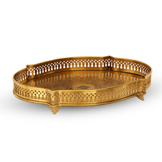 Indian Art Villa brass tray with antique style oval body embossed floral center and traditional high edge detailing