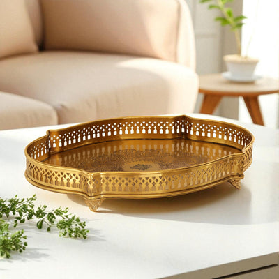 Handmade Pure Brass Matt Oval Embossed Tray - Servware & Tableware
