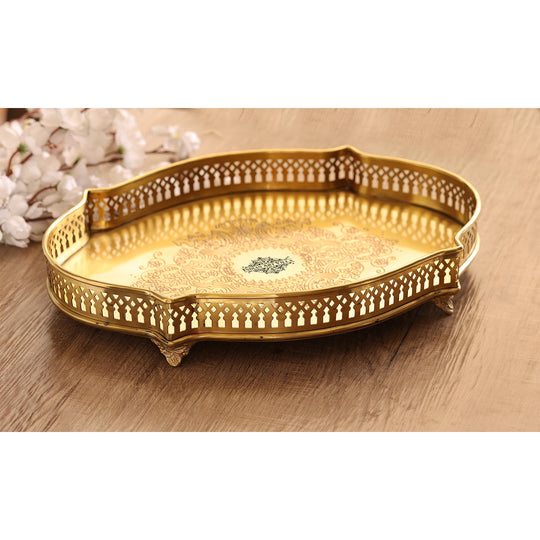 Handmade Pure Brass Serving Tray in Matt Oval Embossed design by indian art villa