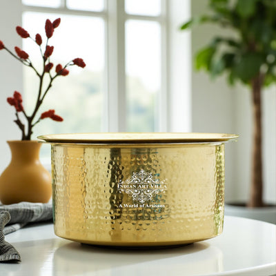 Pure Brass Cooking Pot with Lid Tin Lining & Hammered Design