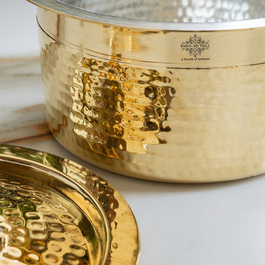 Pure Brass Hammered Design Bhagona with inside Tin Lining & Lid