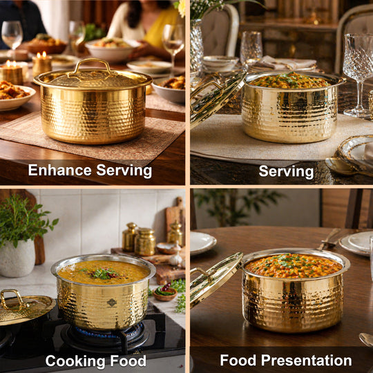 Pure Brass Hammered Design Bhagona with inside Tin Lining & Lid