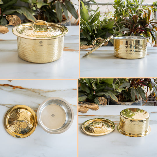 Pure Brass Hammered Design Bhagona with inside Tin Lining & Lid