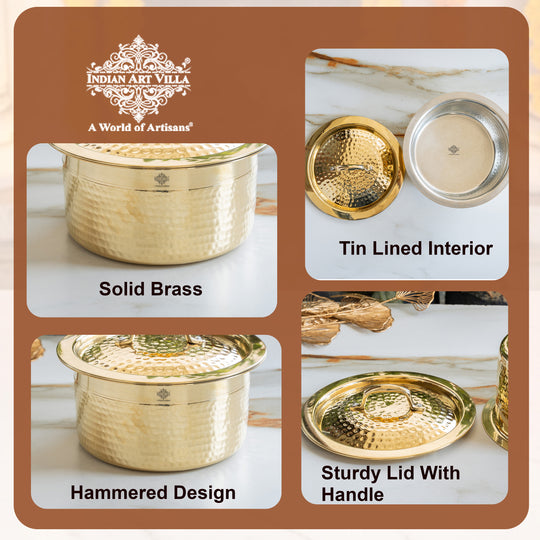 Pure Brass Hammered Design Bhagona with inside Tin Lining & Lid