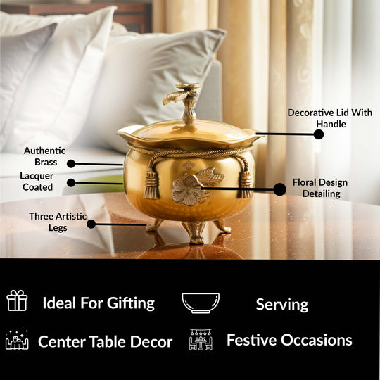 Brass Decorative Handi with Lid Neck Ribbon Bow Design  3 Legs