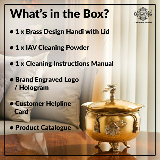 Brass Decorative Handi with Lid Neck Ribbon Bow Design  3 Legs