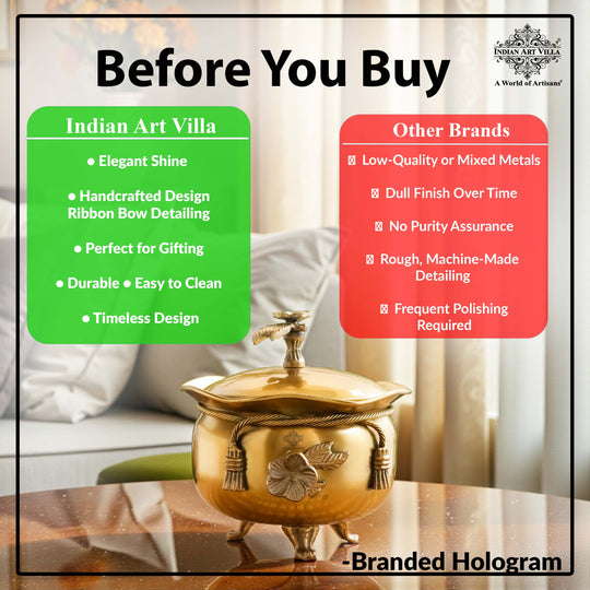 Brass Decorative Handi with Lid Neck Ribbon Bow Design  3 Legs