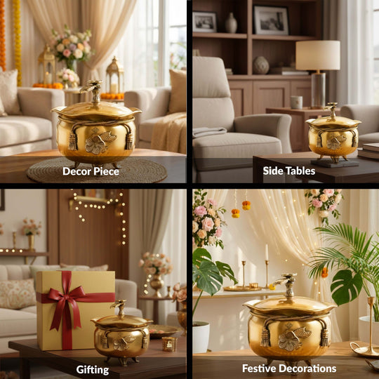 Brass Decorative Handi with Lid Neck Ribbon Bow Design  3 Legs