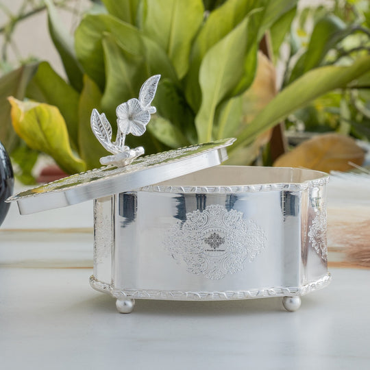 Silver Plated Brass Dry Fruit Box with Floral Lid