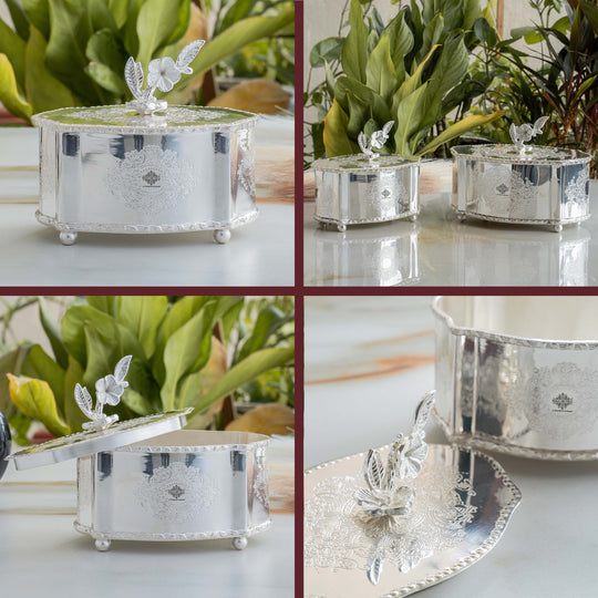 Silver Plated Brass Dry Fruit Box with Floral Lid