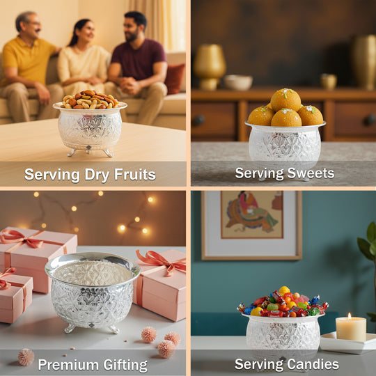 Brass Silver-Plated Designer Bowl with 3 Legs