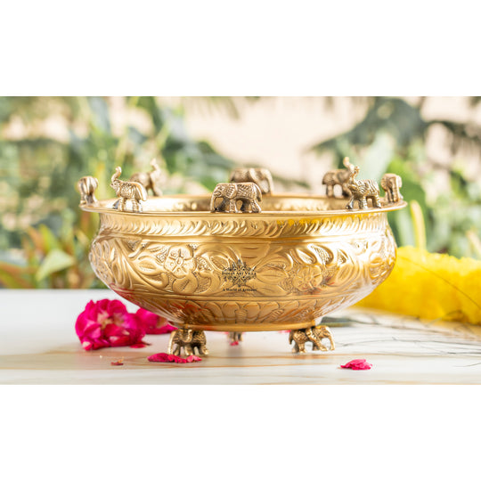 Pure Brass Embossed Design Urli with Elephant Statue