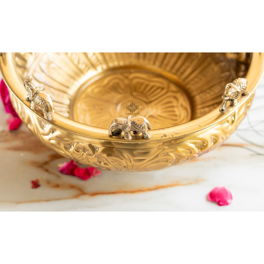 Pure Brass Embossed Design Urli with Elephant Statue