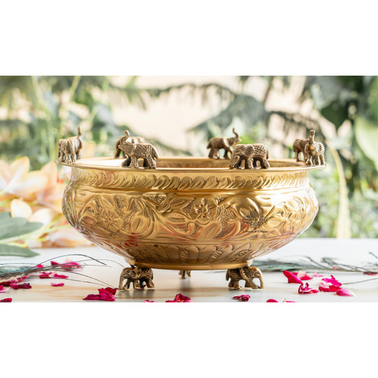 Pure Brass Embossed Design Urli with Elephant Statue