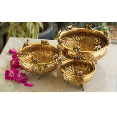Pure Brass Embossed Design Urli with Elephant Statue