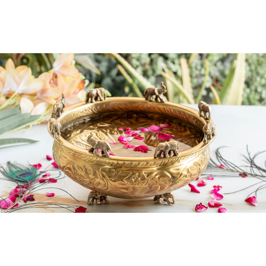 Pure Brass Embossed Design Urli with Elephant Statue