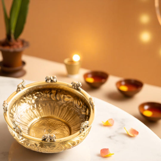 Pure Brass Embossed Design Urli with Elephant Statue