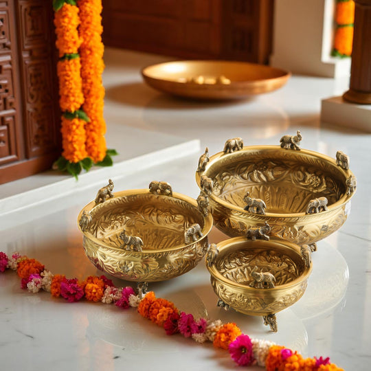 Pure Brass Embossed Design Urli with Elephant Statue