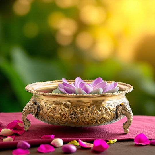 Brass Urli with Elephant Trunk and Embossed Design