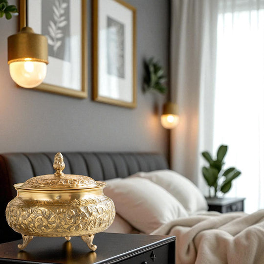 Pure Brass Decorative Handi With Embossed  Design And Lid