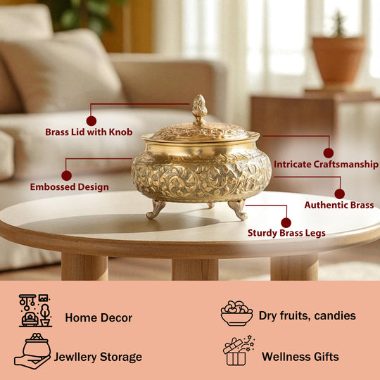 Pure Brass Decorative Handi With Embossed  Design And Lid