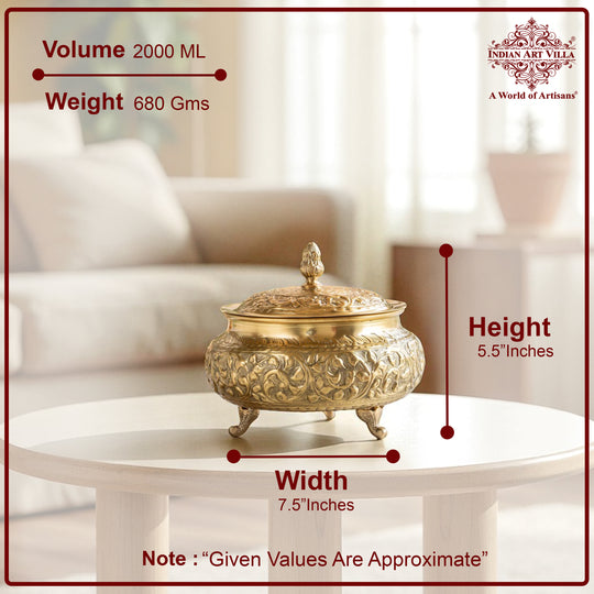 Pure Brass Decorative Handi With Embossed  Design And Lid