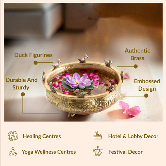 Brass Urli with Embossed Duck & Lotus Flower Design – Traditional Urli