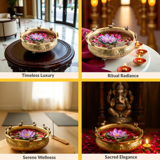 Brass Urli with Embossed Duck & Lotus Flower Design – Traditional Urli