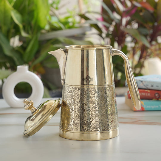 Brass Jug With Half Embossed Design with lid & Brass Knob