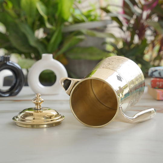 Brass Jug With Half Embossed Design with lid & Brass Knob