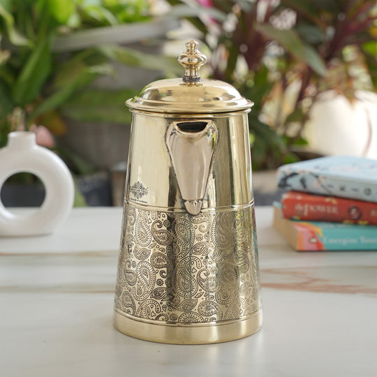 Brass Jug With Half Embossed Design with lid & Brass Knob